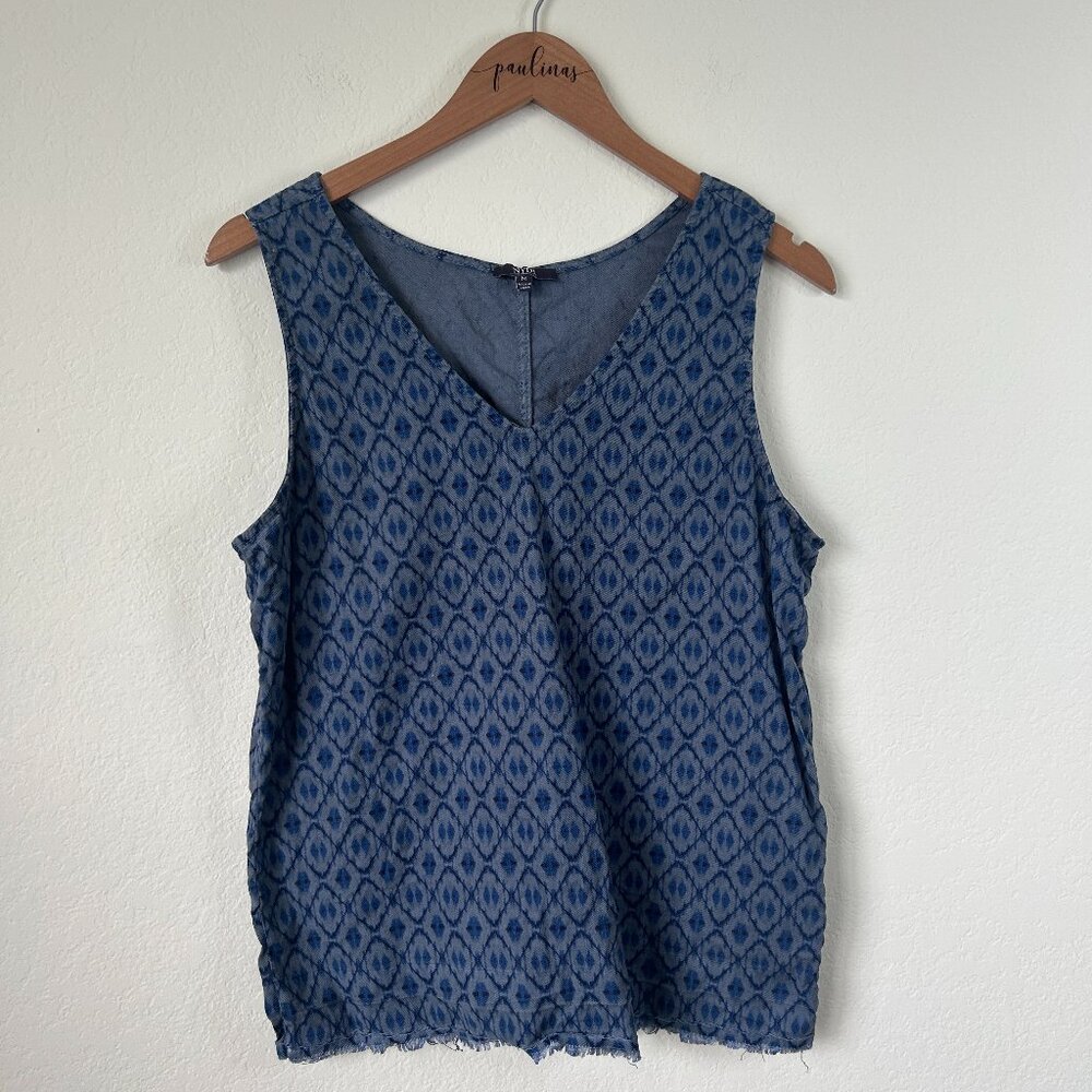 NYDJ Top Womens Medium Blue Sleeveless Geometric Pattern Frayed Hem Boho Shirt M